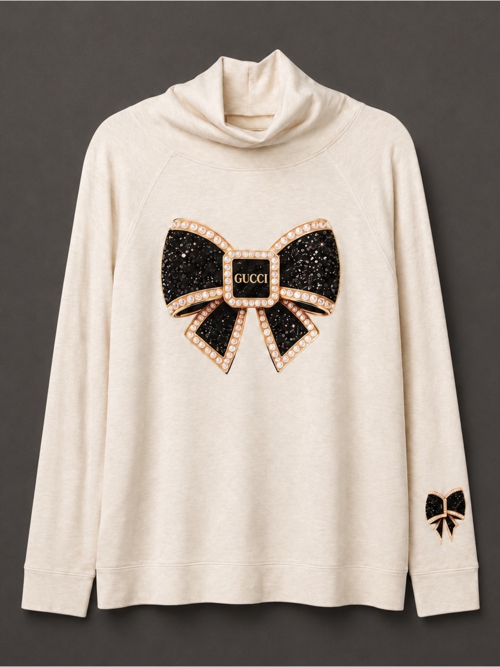 Cream Turtleneck Hoodie with Black Embellished Bow